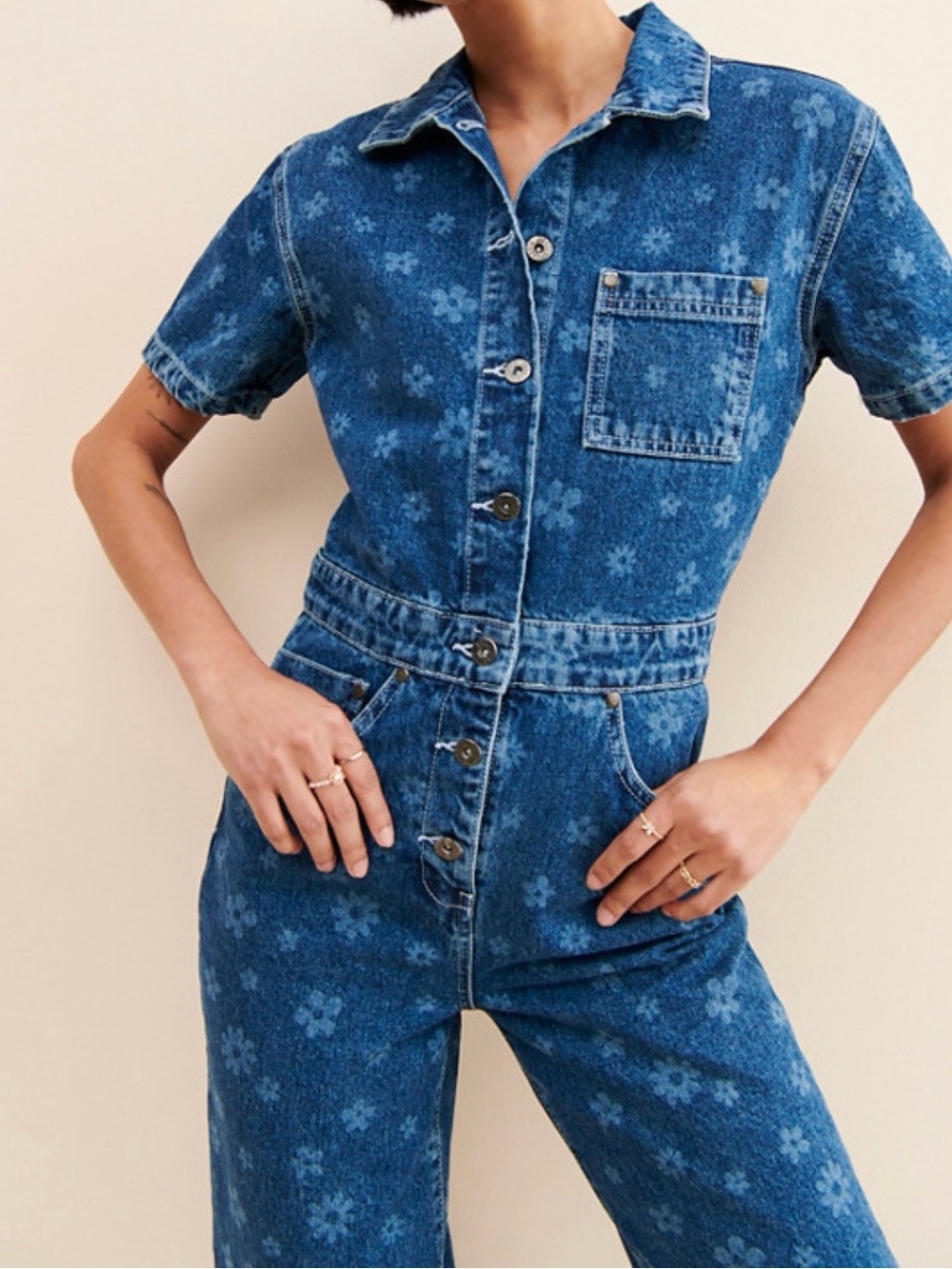 The Ragged Priest Blue Floral Denim Overalls Jumpsuit